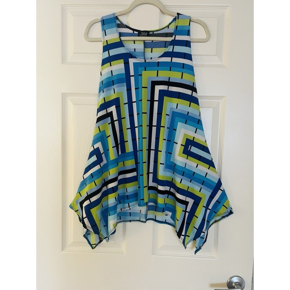 VTG JOSTAR Sharkbite Hem Tank Top S Blue Green Geometric Slinky Tunic Lagenlook